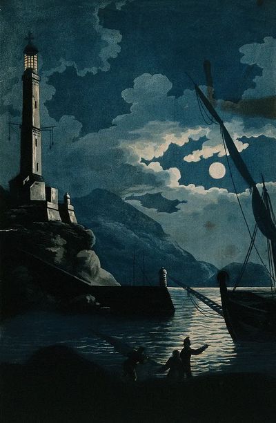 lighthouse Genoa night; ship three. poster print