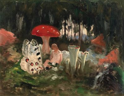 princess butterfly underneath fly agaric.