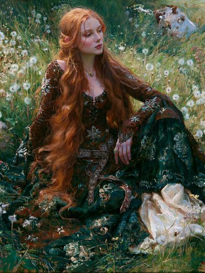 Red-Haired Maiden in Meadow Print.