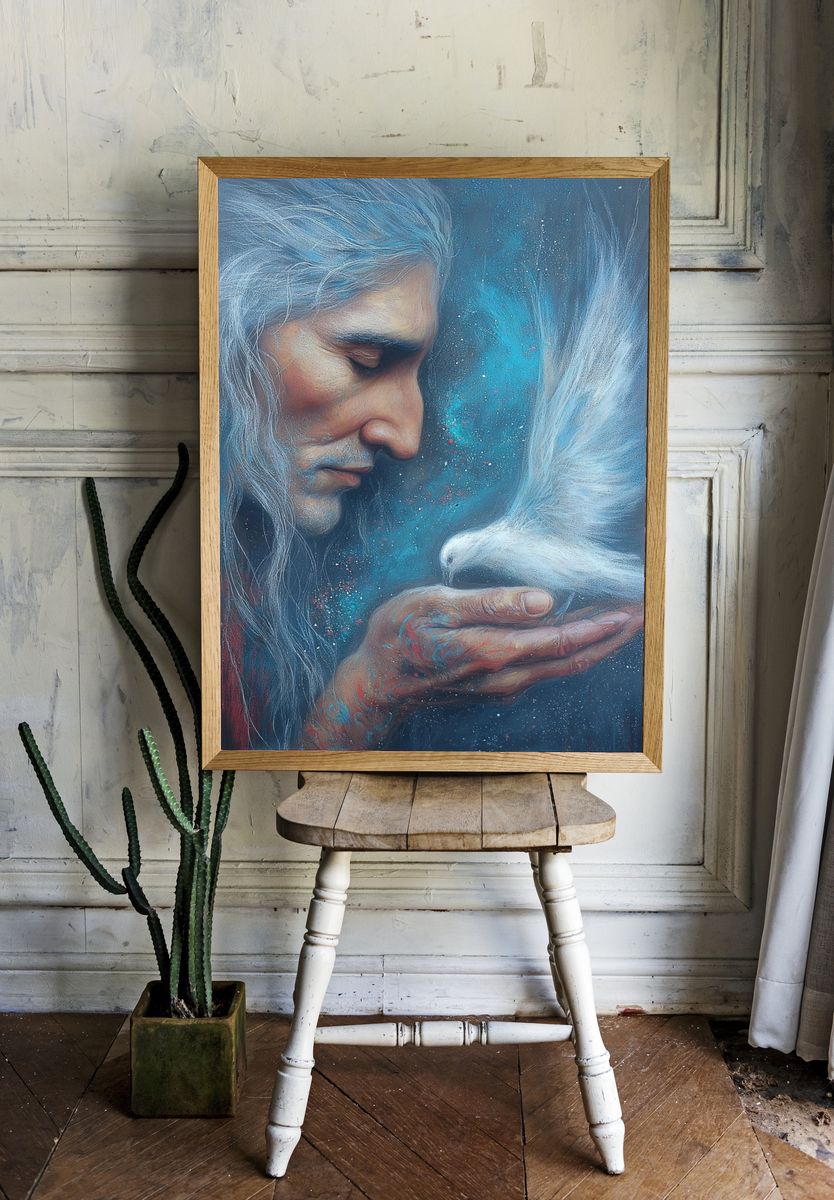 Spirit and Dove Surrealism Print. room preview