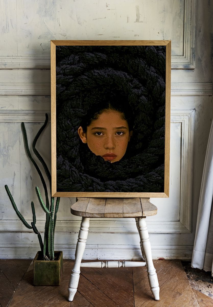 Girl in Dark Floral Wreath Print. — room view 1