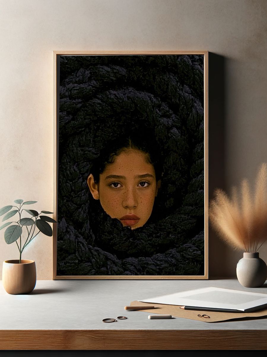 Girl in Dark Floral Wreath Print. — room view 2