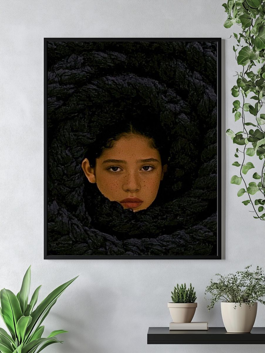 Girl in Dark Floral Wreath Print. — room view 4