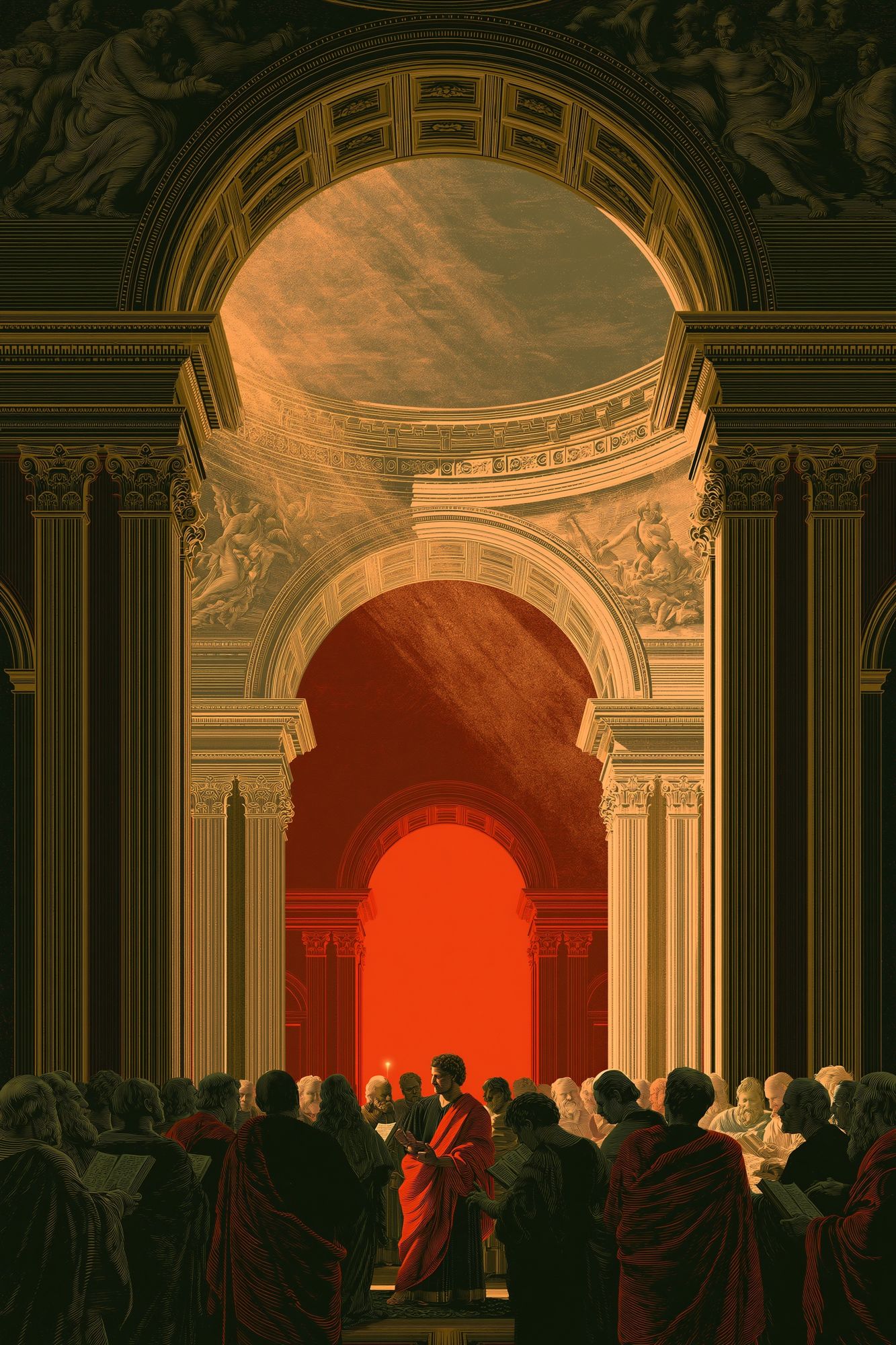 Classical Hall with Red Figure Poster. poster detail