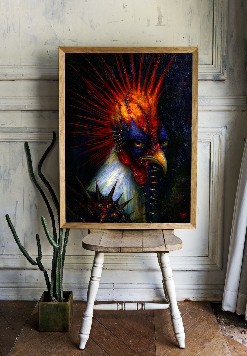 Punk Rooster Portrait Print. room preview