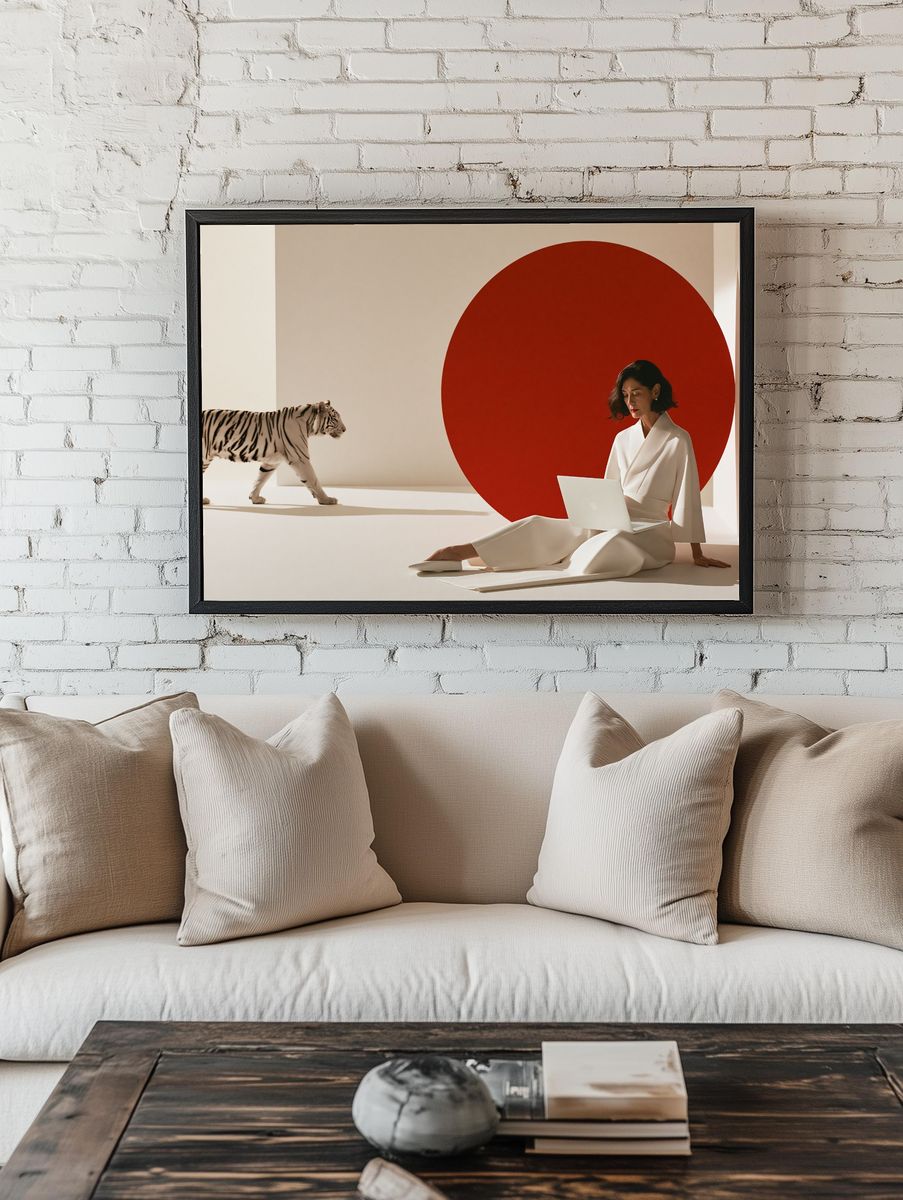 Red Circle Tiger Portrait Print. room preview
