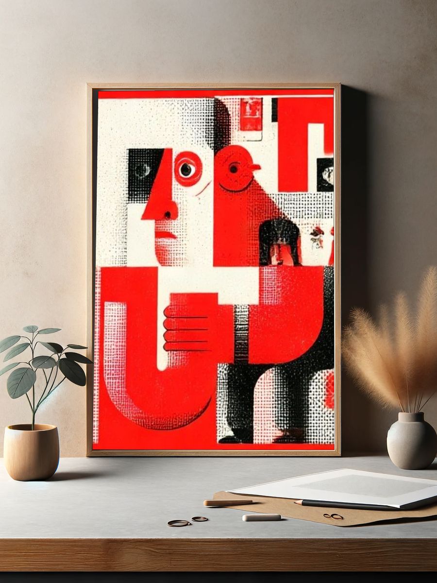Red Cubist Face Poster. — room view 2