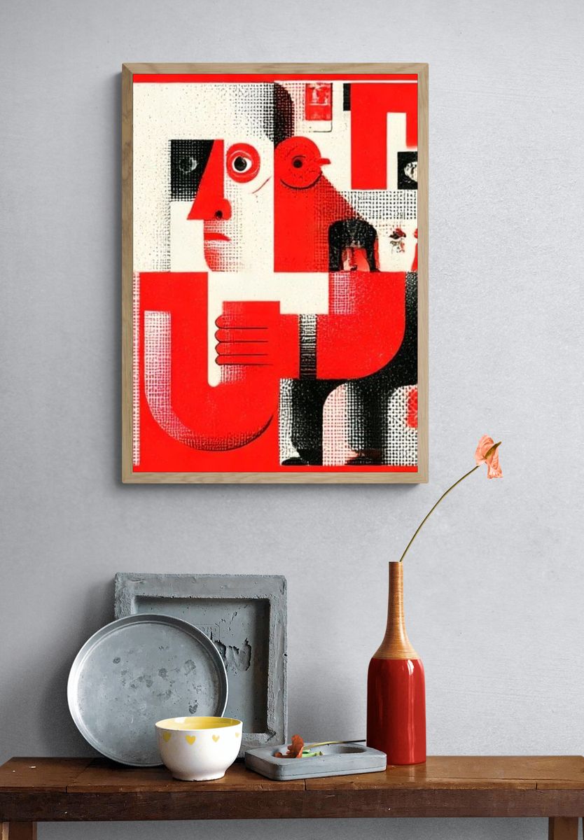 Red Cubist Face Poster. — room view 3