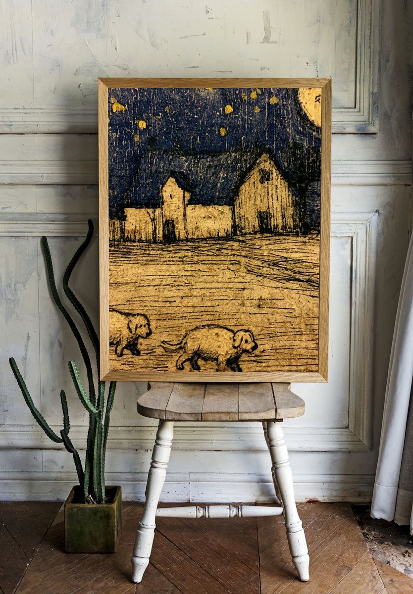 Moonlit Farm Landscape Print. room preview