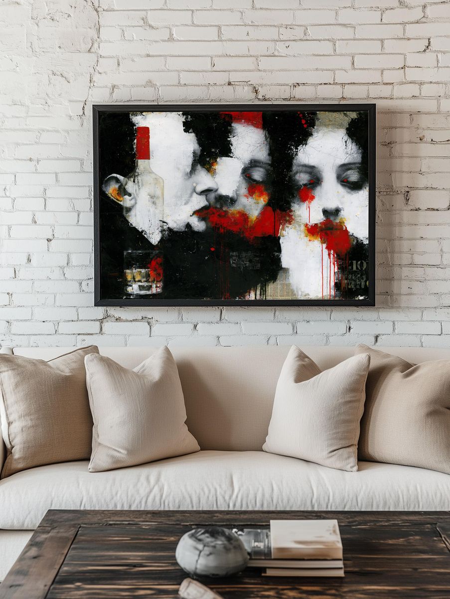 Faces and Bottle Street-Art Poster. room preview