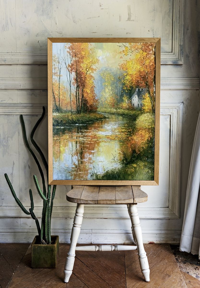 Autumn River Cottage Fine-Art Print. room preview