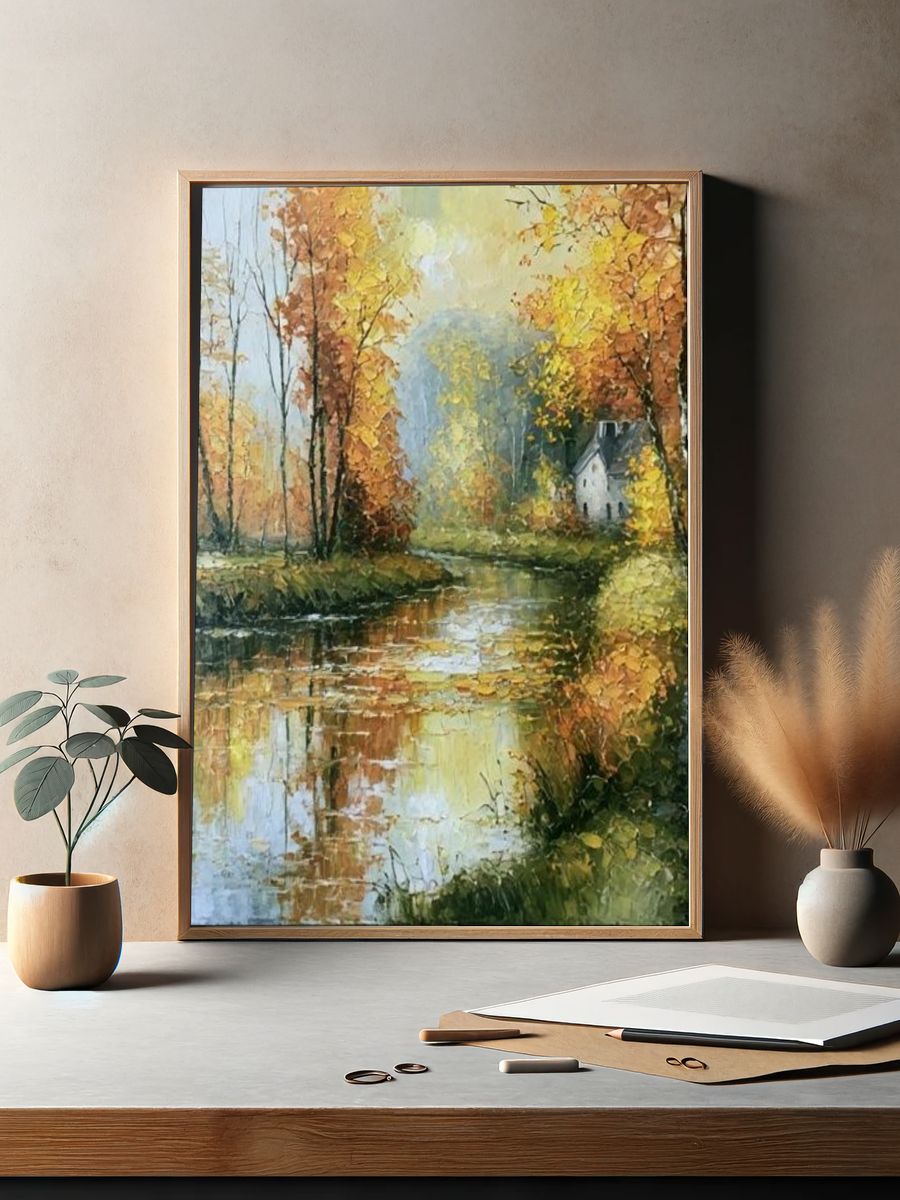 Autumn River Cottage Fine-Art Print. — room view 2