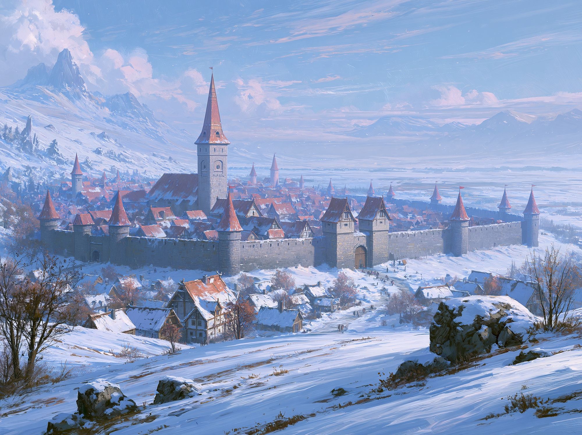 Snowy Medieval Castle Landscape Print. poster — fine-art art