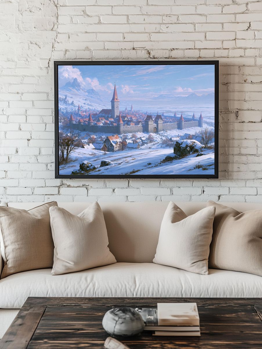 Snowy Medieval Castle Landscape Print. room preview
