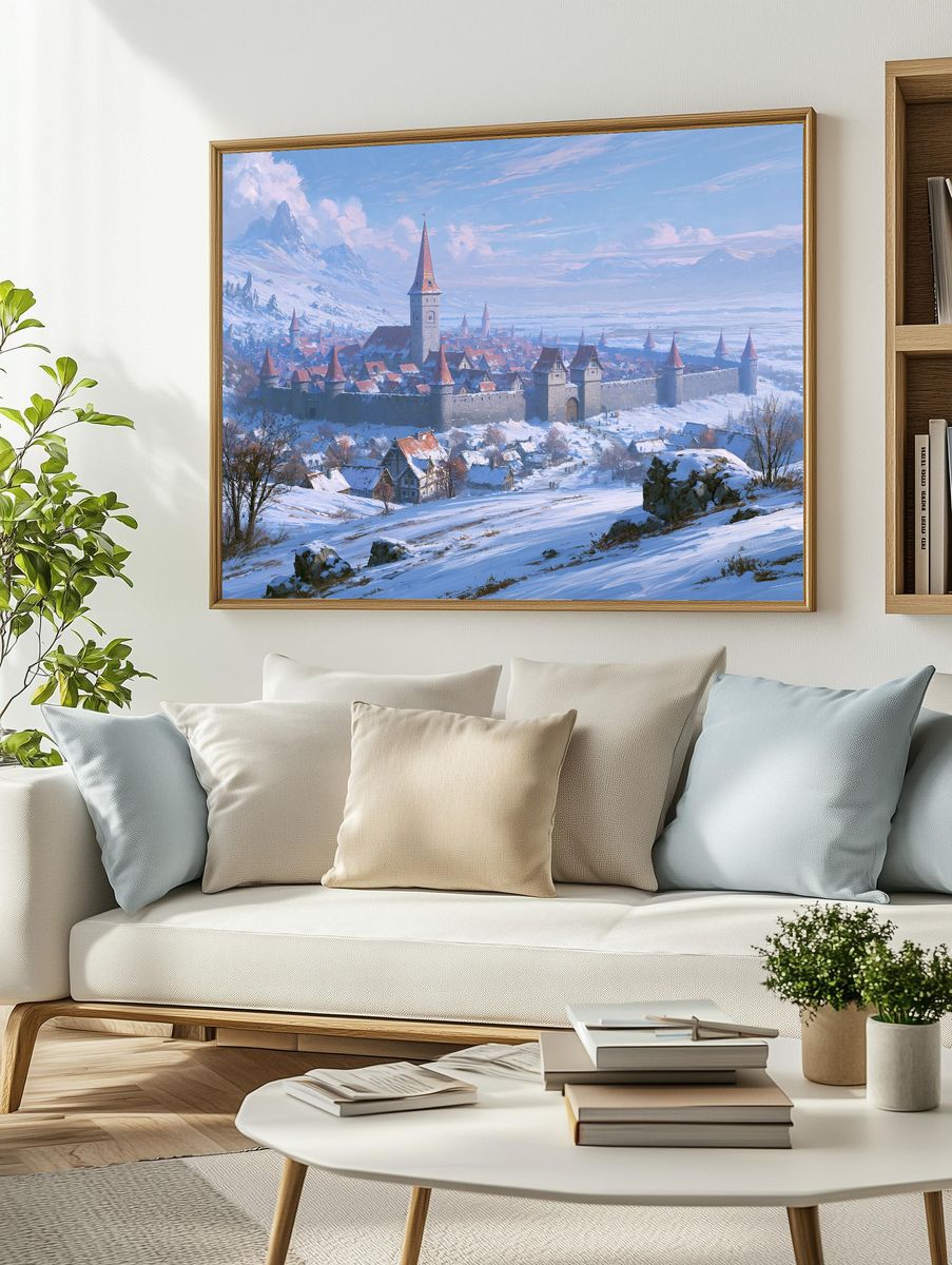 Snowy Medieval Castle Landscape Print. — room view 2