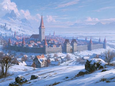 Snowy Medieval Castle Landscape Print.