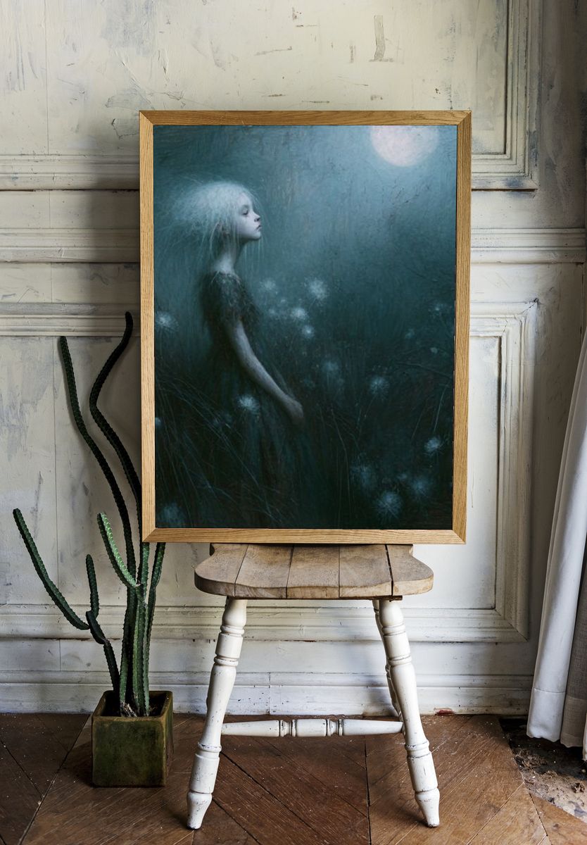 Moonlit Girl in the Meadow Print. room preview