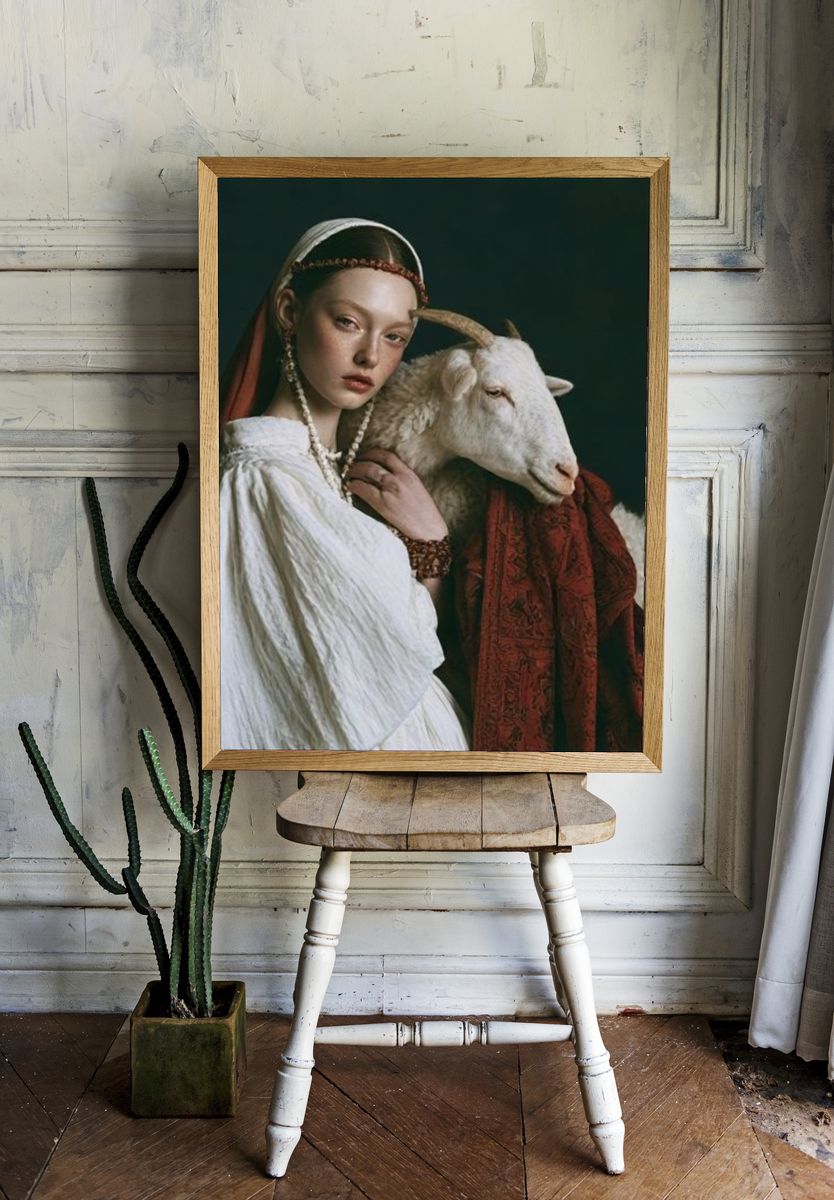 Girl with Goat Portrait Print. room preview