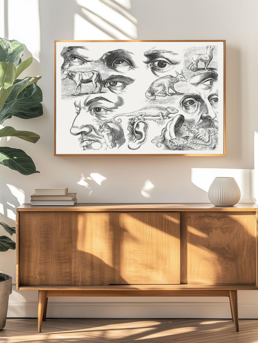 Studieblad met tekenvoorbeelden: ogen, koppen. — room view 3