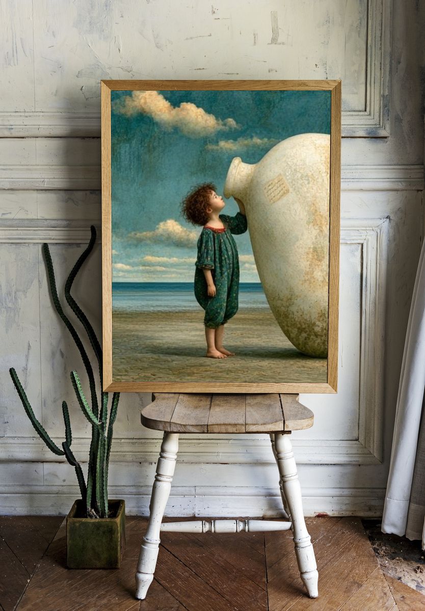 Child and Vessel Surrealism Print. room preview
