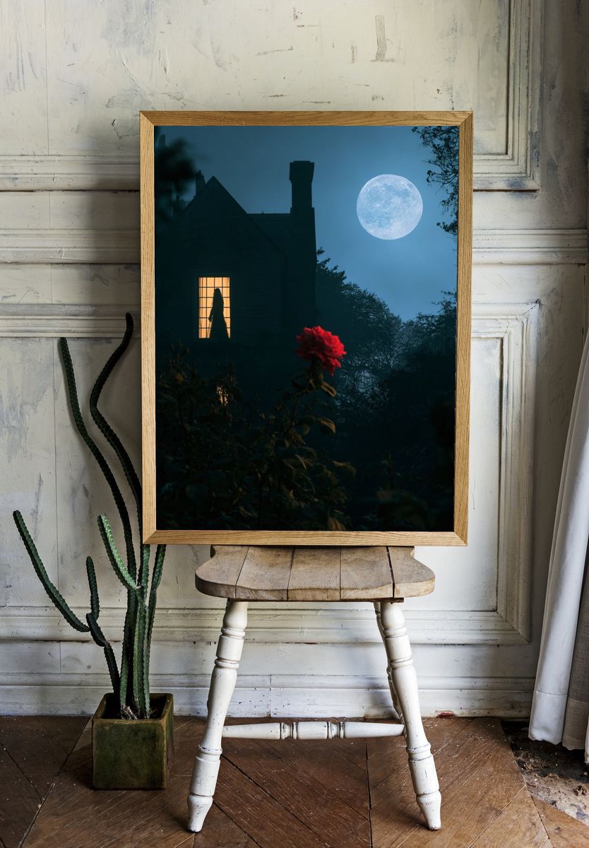 Moonlit House with Red Rose Poster. room preview