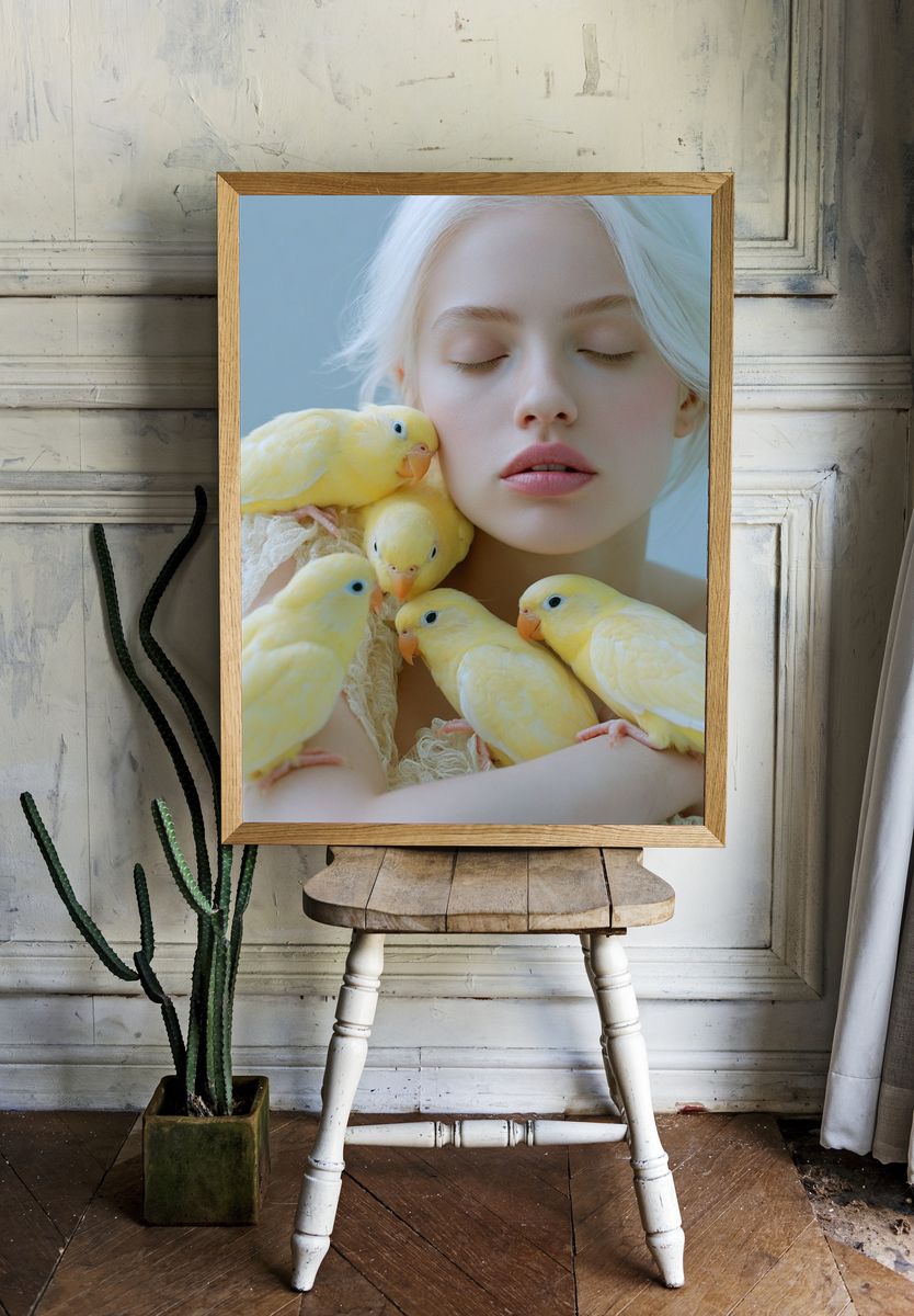 Dreamlike Portrait with Yellow Birds Poster. — room view 1