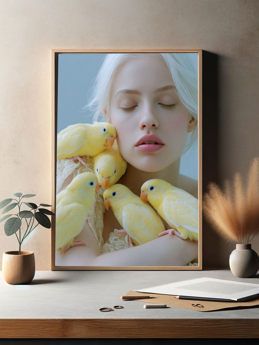 Dreamlike Portrait with Yellow Birds Poster. — room view 2