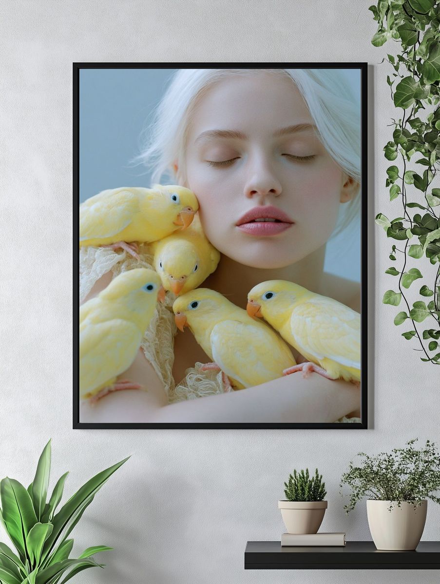 Dreamlike Portrait with Yellow Birds Poster. — room view 4