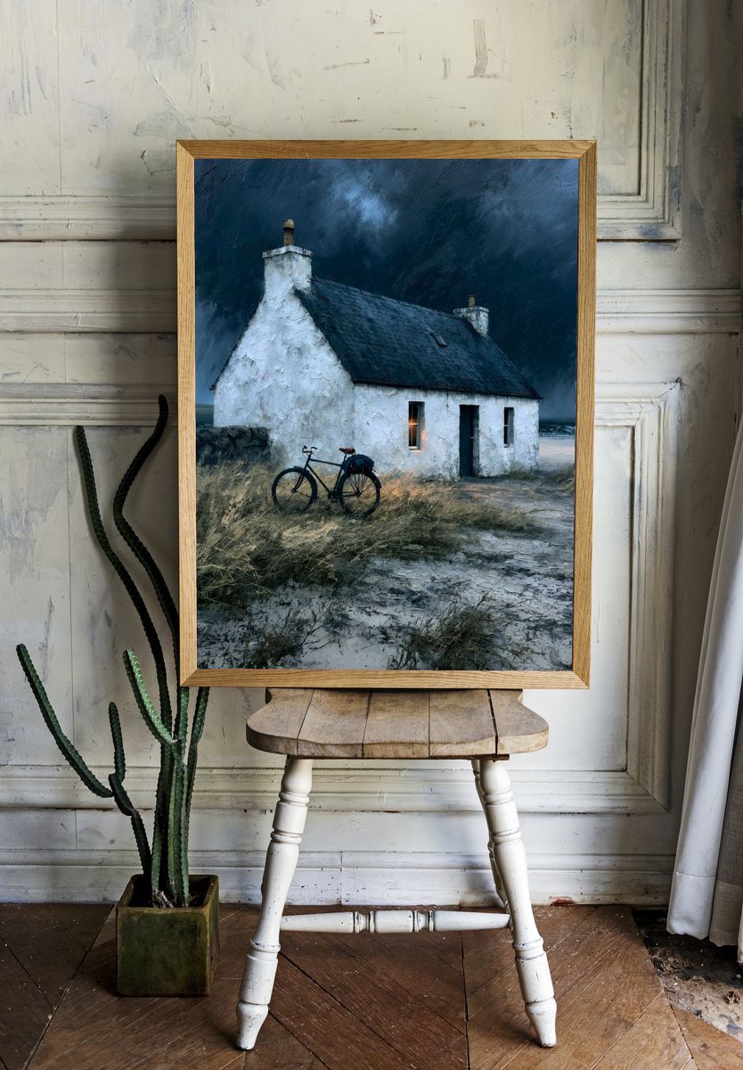 Stormy Coastal Cottage Painting Poster. room preview