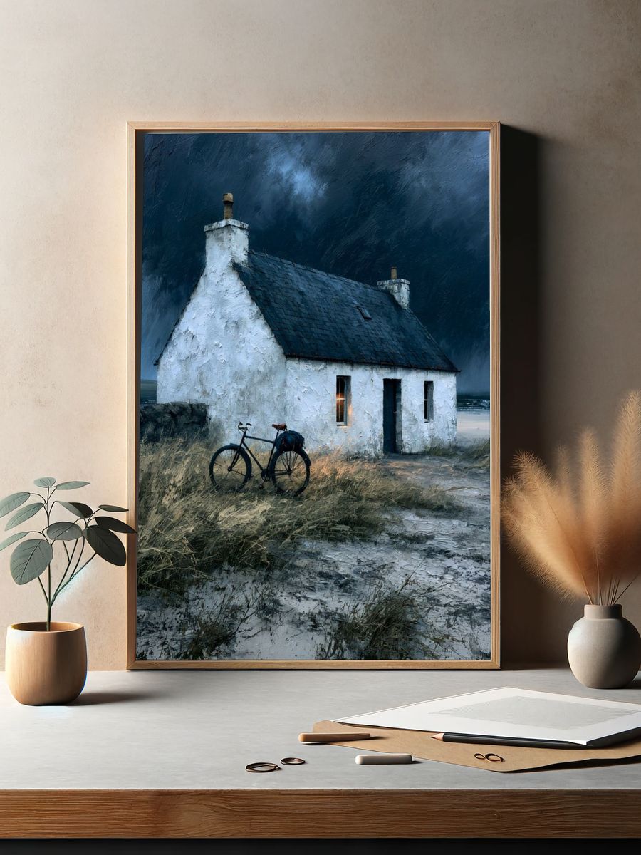 Stormy Coastal Cottage Painting Poster. — room view 2