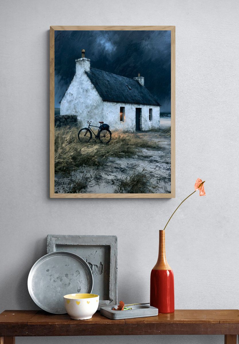 Stormy Coastal Cottage Painting Poster. — room view 3