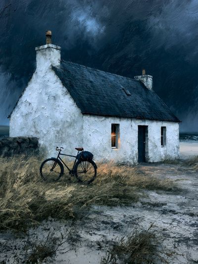 Stormy Coastal Cottage Painting Poster.