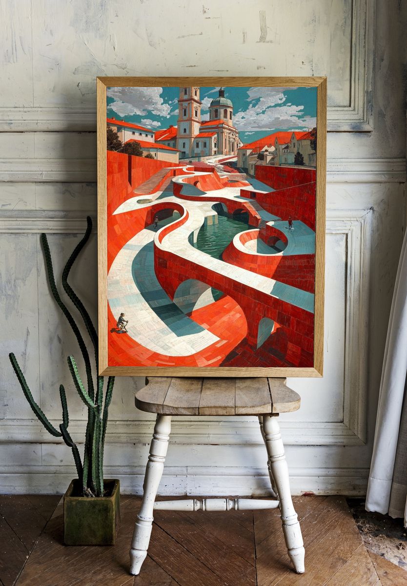 Red Canal Cityscape Surrealism Poster. room preview