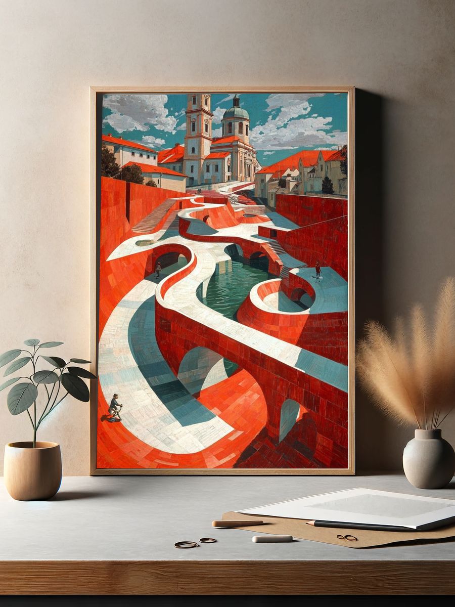 Red Canal Cityscape Surrealism Poster. — room view 2