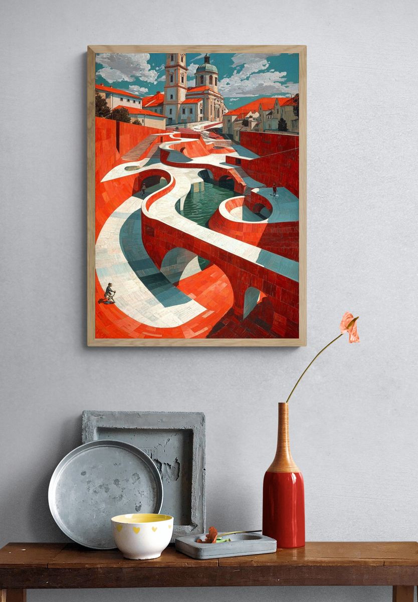Red Canal Cityscape Surrealism Poster. — room view 3
