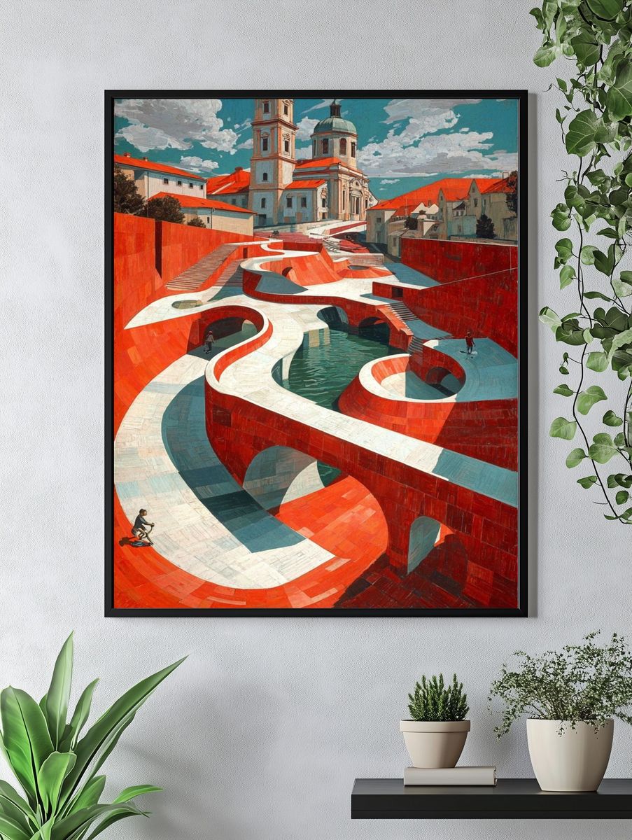 Red Canal Cityscape Surrealism Poster. — room view 4