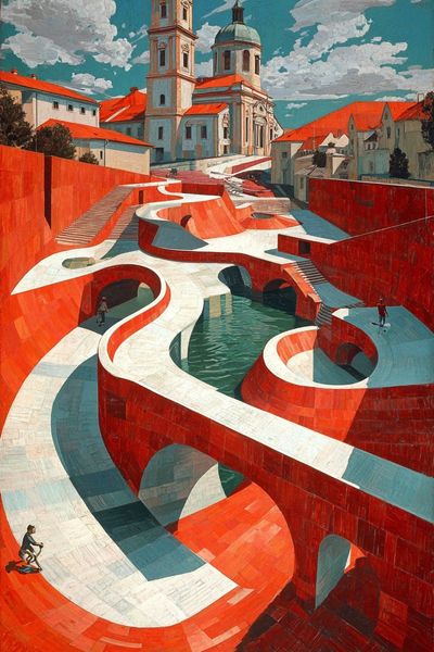 Red Canal Cityscape Surrealism Poster.