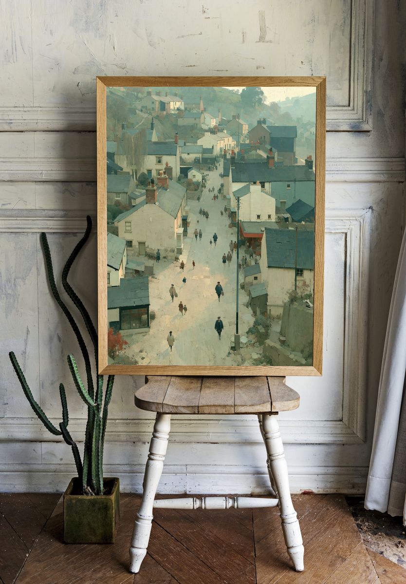 Misty Village Street — Fine-Art Print. room preview