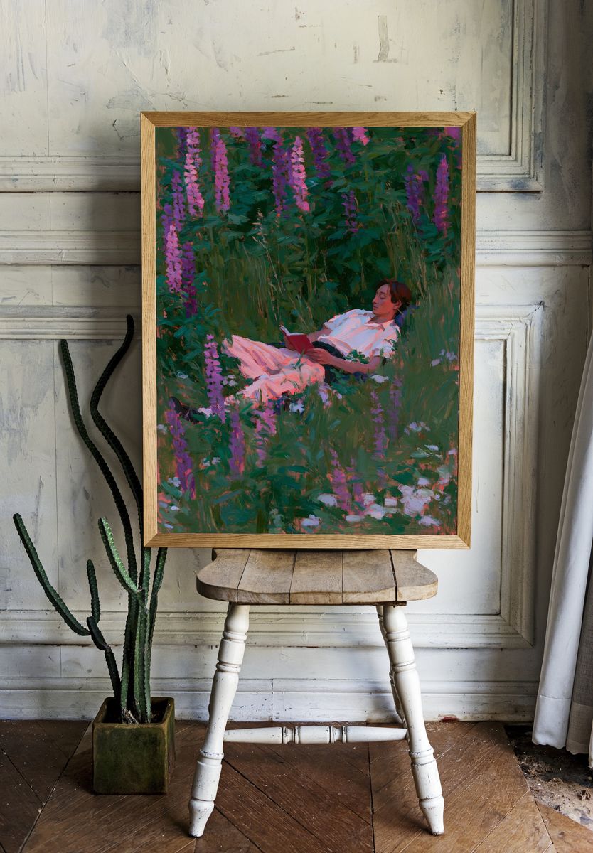 Woman Reading in Wildflowers Print. — room view 1