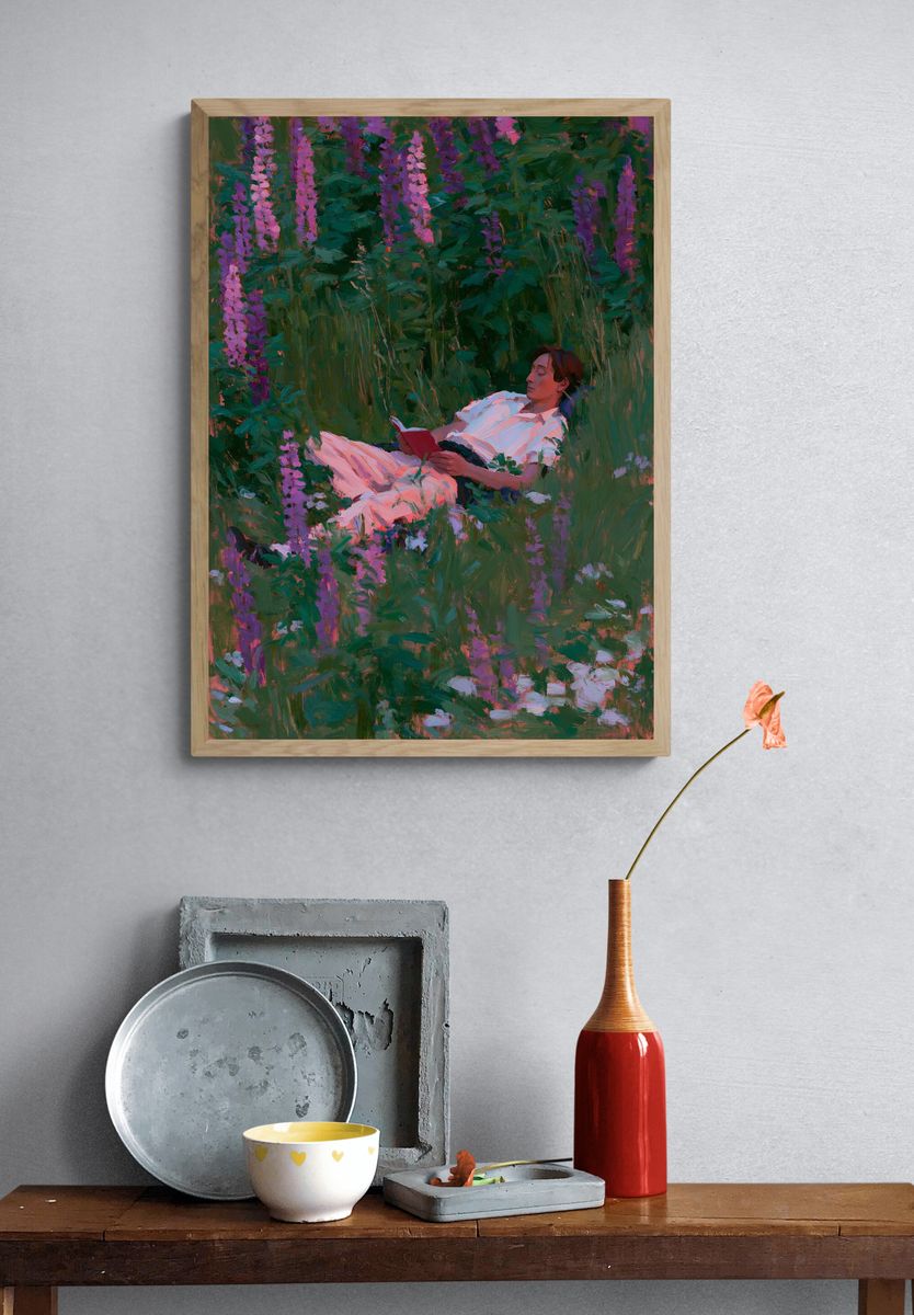 Woman Reading in Wildflowers Print. — room view 3