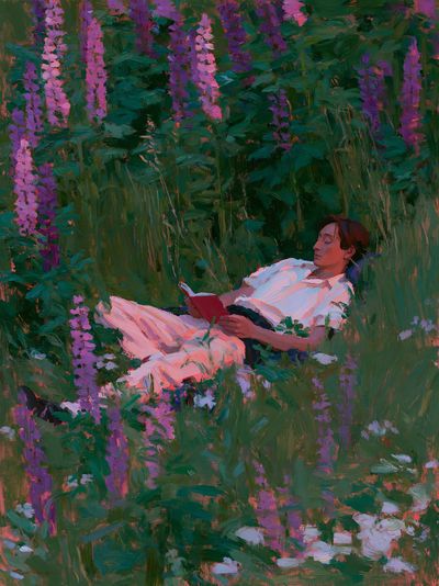 Woman Reading in Wildflowers Print. poster