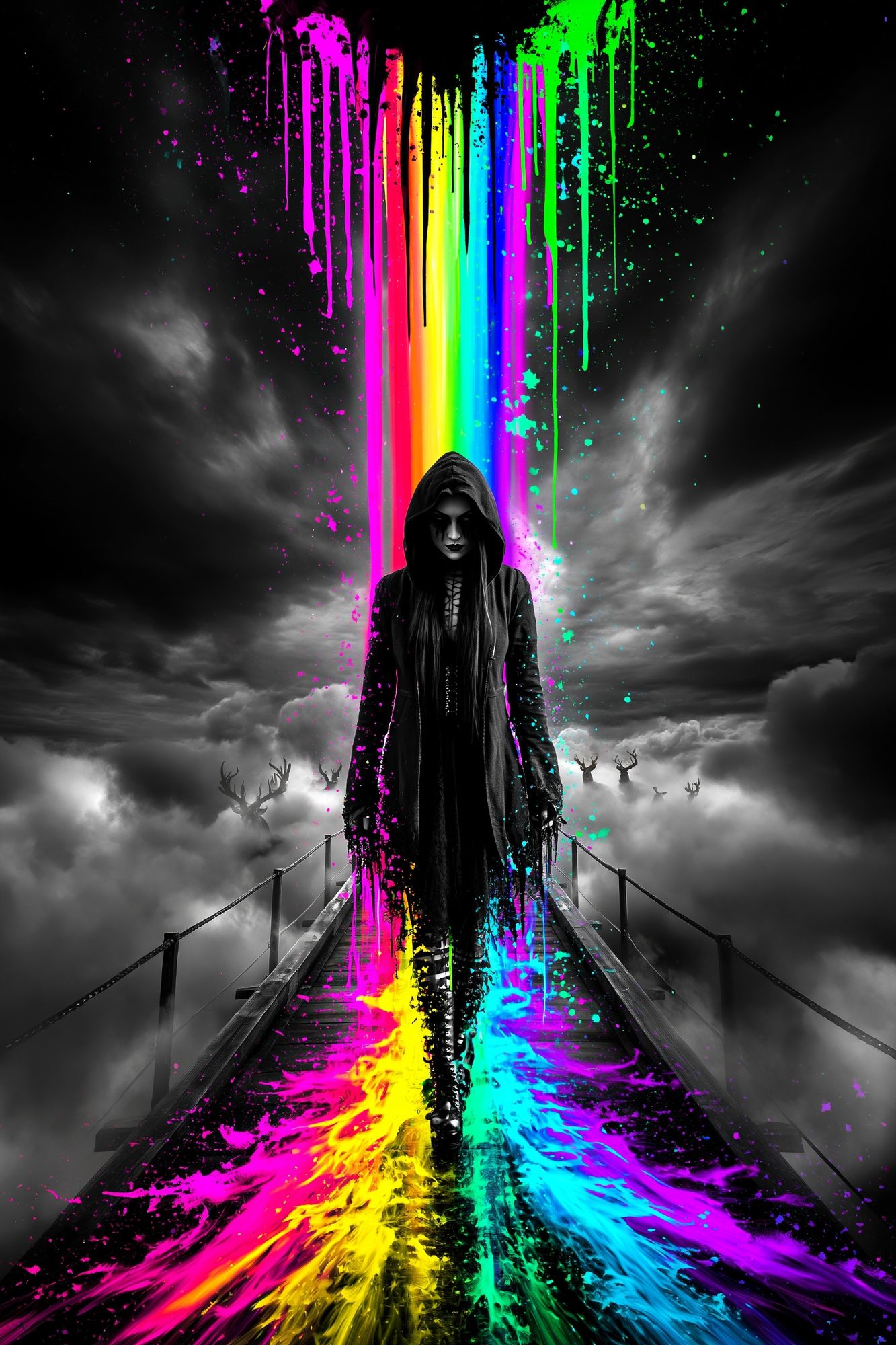 Neon Hooded Figure Surreal Print. poster — fine-art art