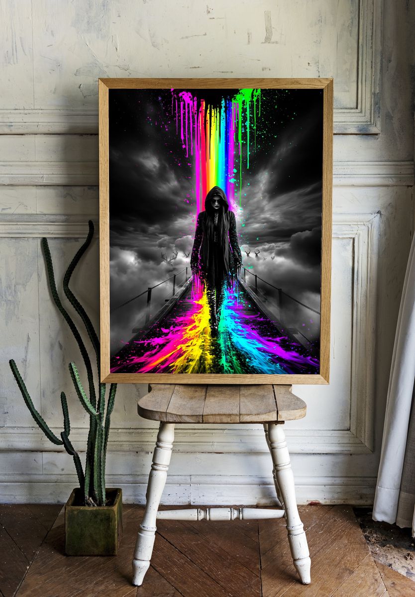 Neon Hooded Figure Surreal Print. room preview