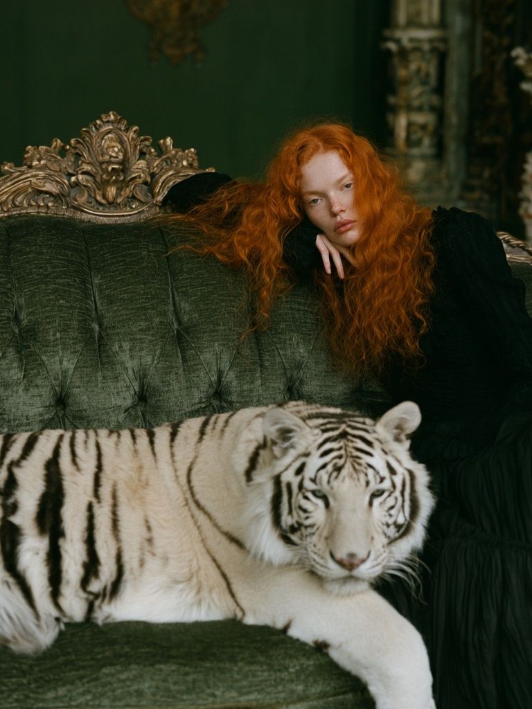 Red-Haired Woman with White Tiger Poster. poster detail