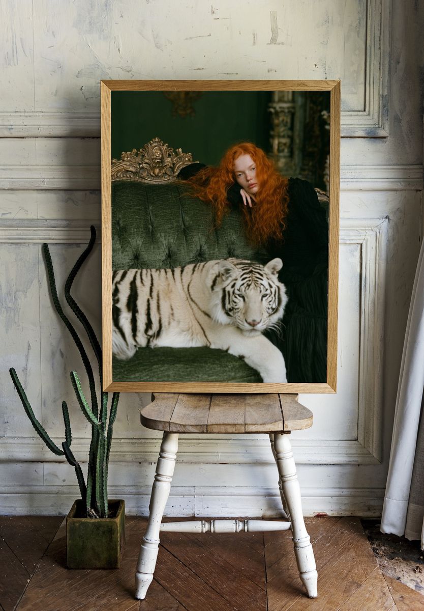 Red-Haired Woman with White Tiger Poster. room preview