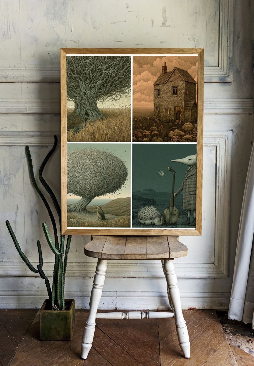 Surreal Woodland Quartet Print. room preview