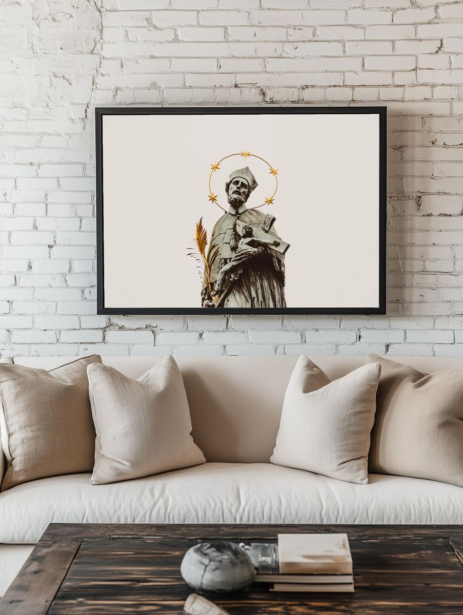 Stone statue saint crucifix gold. room preview
