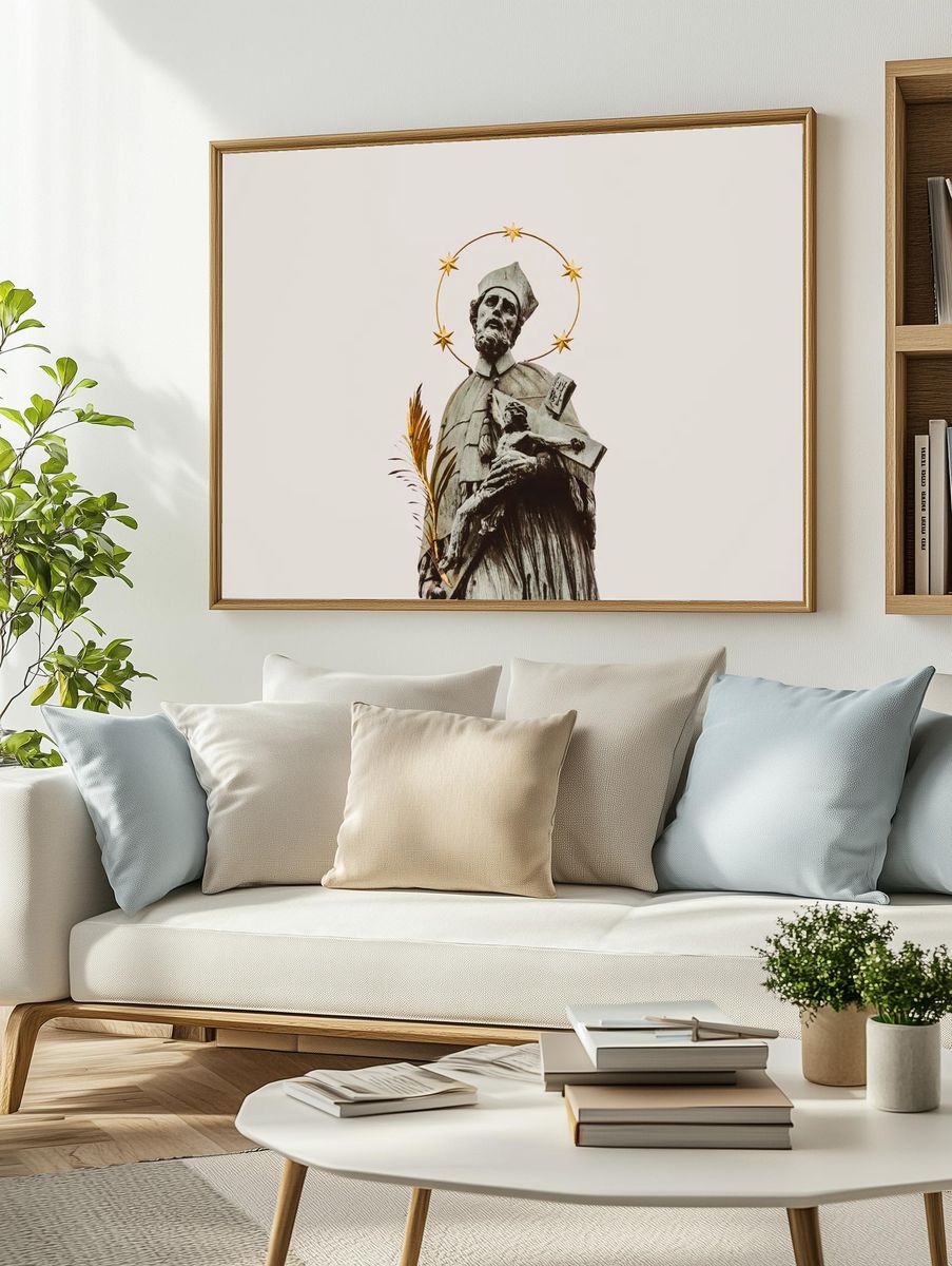 Stone statue saint crucifix gold. — room view 2