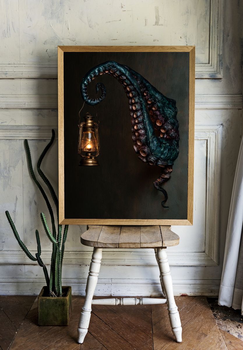 Octopus Lantern Surrealism Print. room preview