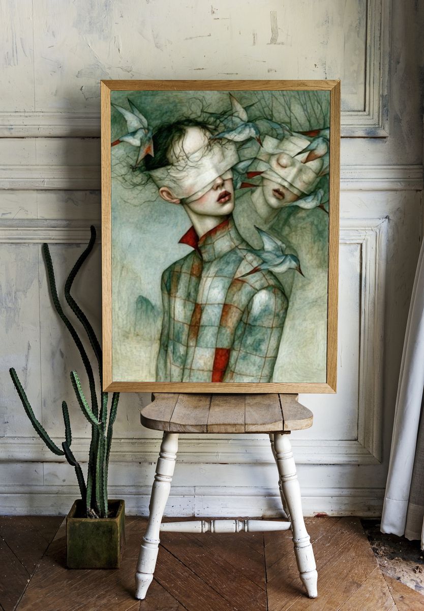 Surreal Bird Woman Illustration Poster. — room view 1